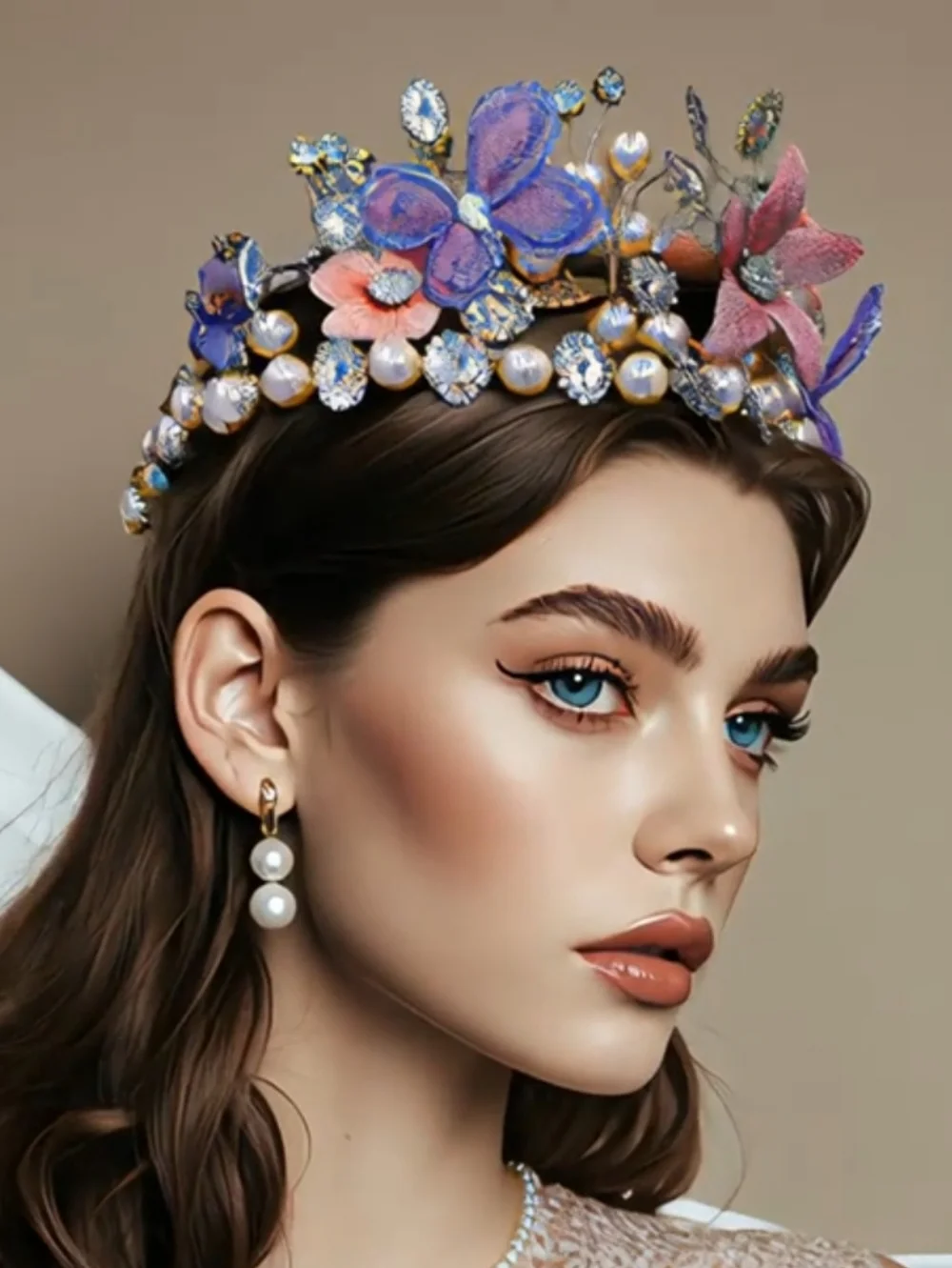 Rhinestone Tiara with Floral and Pearl Accents